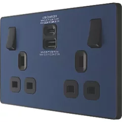 British General Evolve 13A 2-Gang SP Switched Socket + 3A 2-Outlet Type A & C USB Charger Blue with Black Inserts